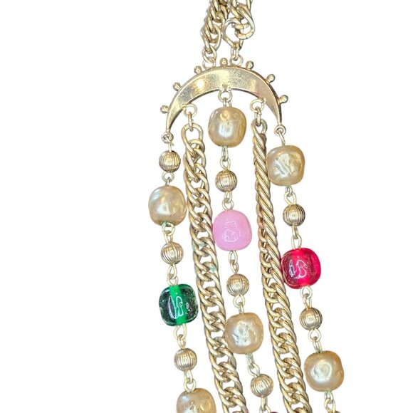 VTG 60s Multi-strand Bib Necklace Goldtone Glass Beads Red Pink Green MCM 17-20" - Picture 3 of 11